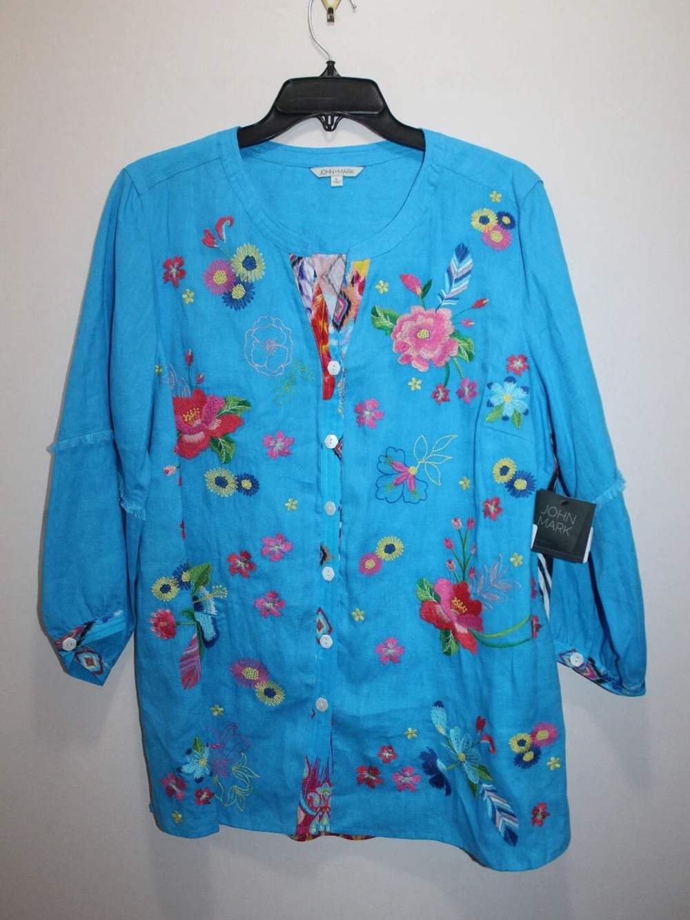 John Mark Turquoise Floral Embroidered Button-Up Tunic
